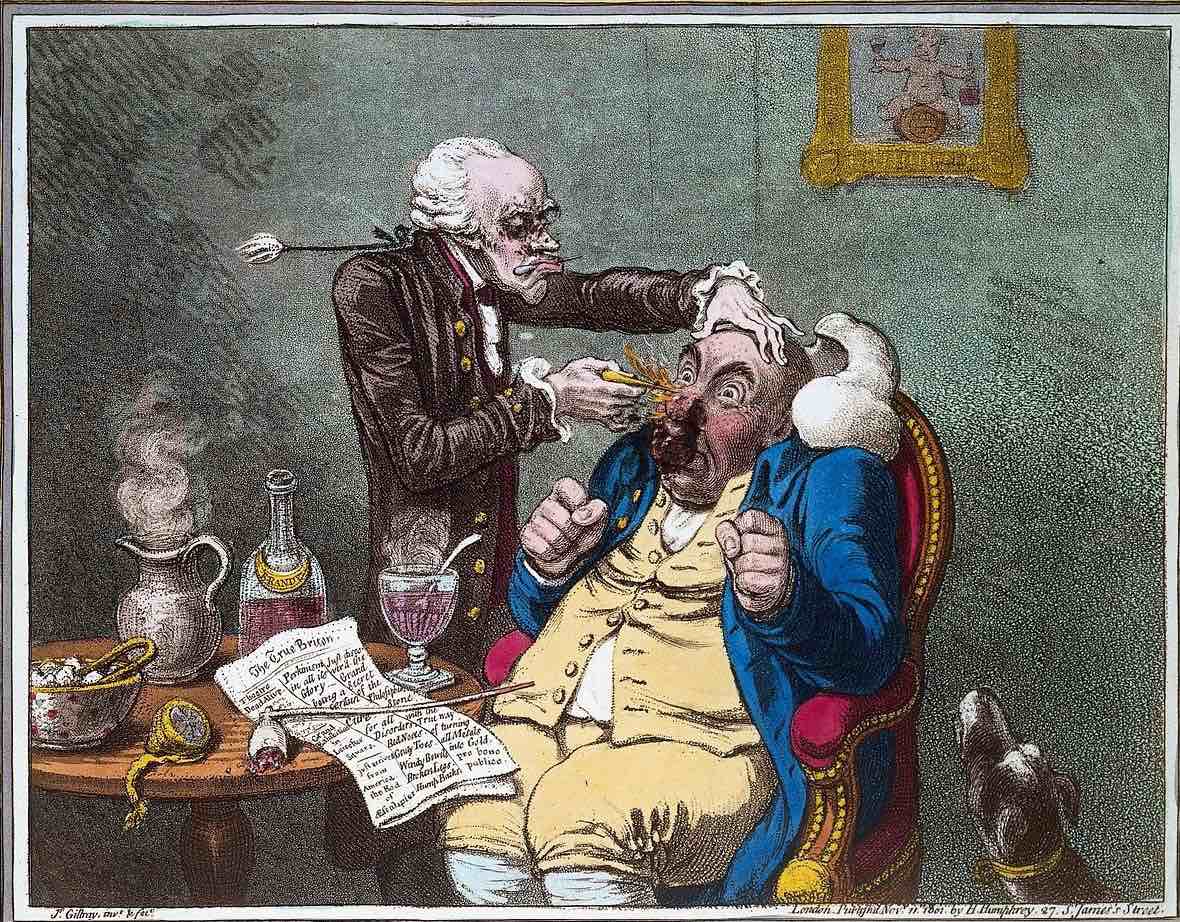 Сатирическая карикатура XVIII века на шарлатанские вытягиватели Перкинса