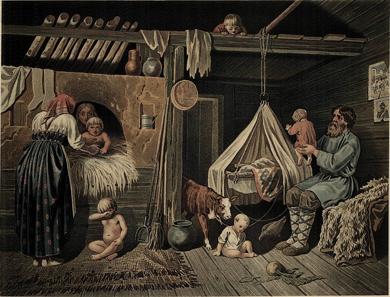 Интерьер русской крестьянской избы с детьми, где часто проходили роды
