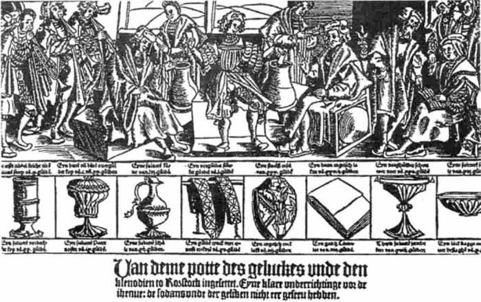 Средневековая афиша лотереи Росток Германия XVI век призы изображение