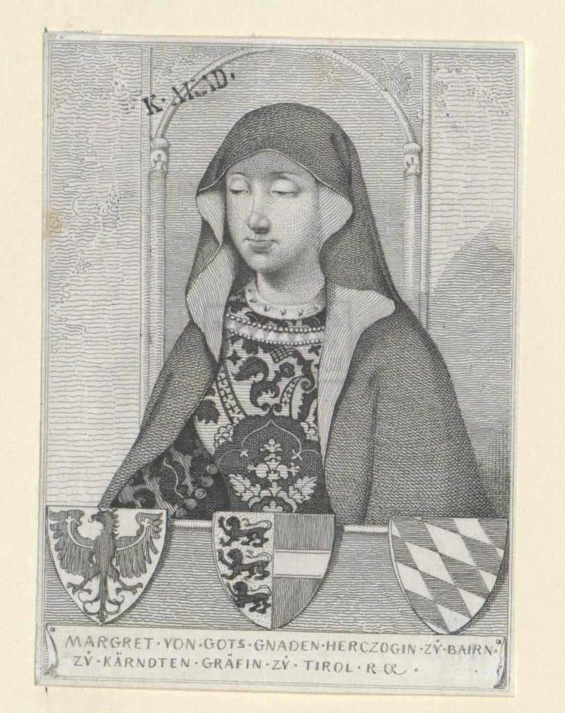 Гравюра портрет Маргариты Маульташ в богатом платье и головном уборе