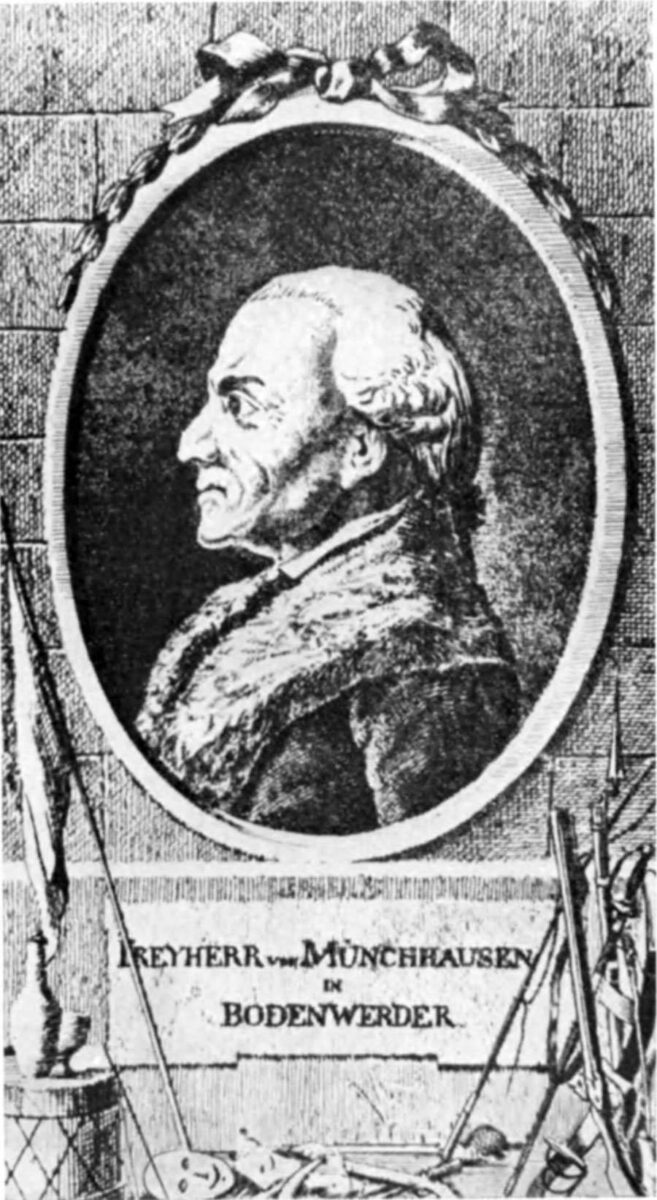 Гравюра с портретом пожилого барона Мюнхгаузена в профиль