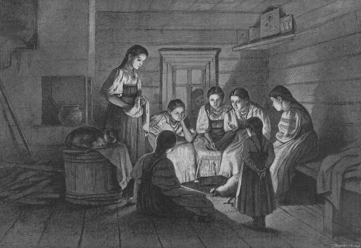 Иллюстрация девушек в избе за гаданием с петухом и зерном