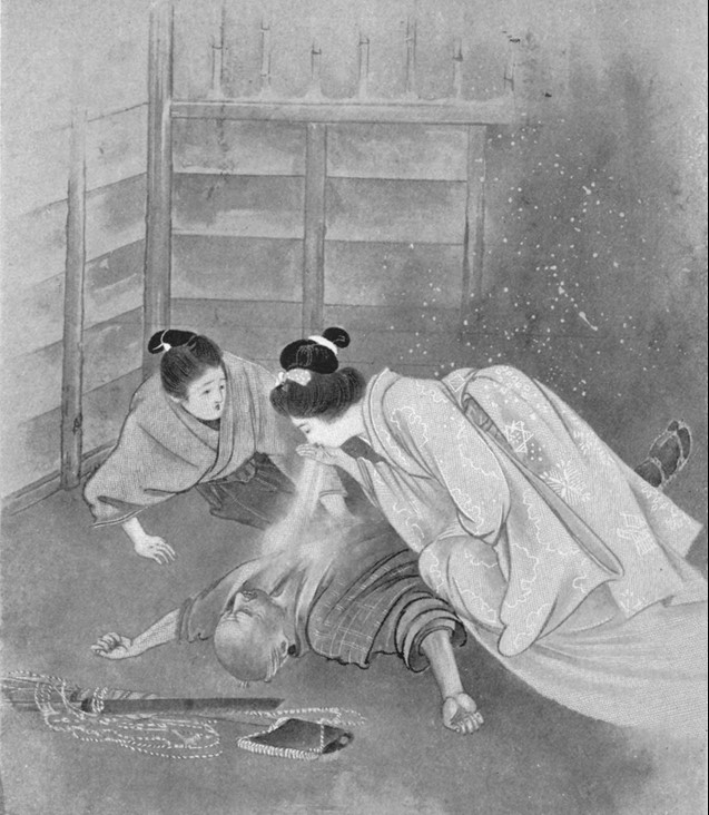 Юки-онна выдыхает ледяное дыхание на самурая, замораживая его, классическая гравюра Кейшу Такенучи конца XIX века