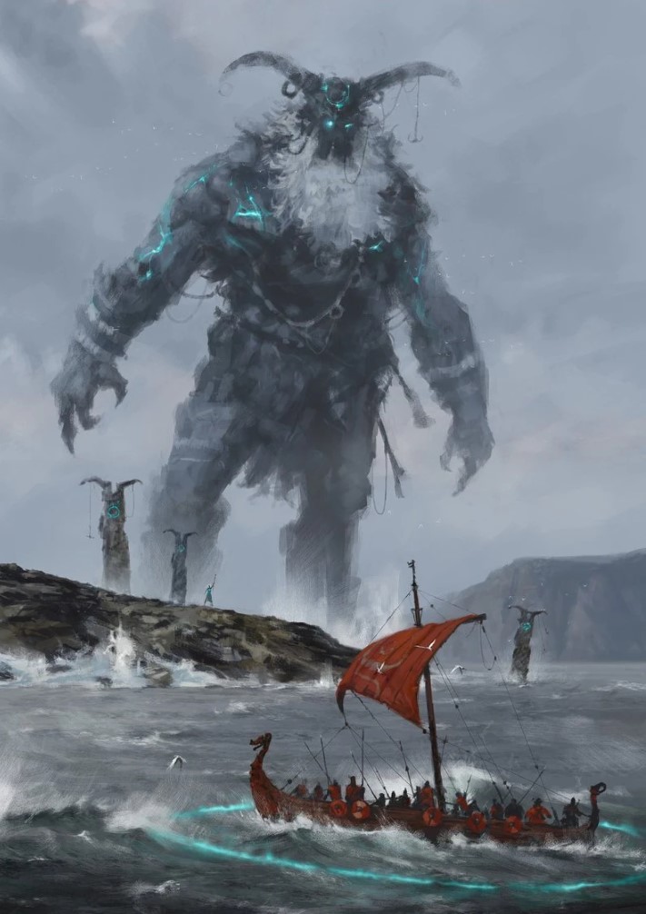 Многоголовый инистый великан ётун среди снежных гор