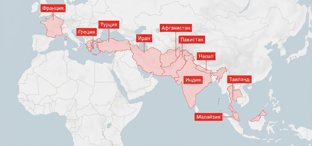 Карта географии преступлений Шарля Собраджа и его банды по странам Азии