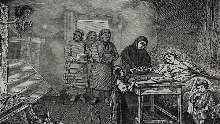 Старинная иллюстрация или реконструкция сцены домашних родов на Руси