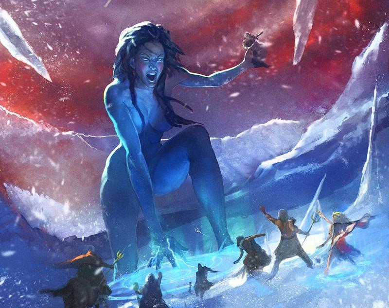 Зимняя богиня Скади — великанша с луком на фоне снежных гор