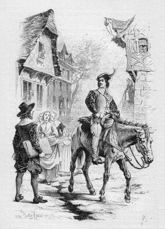 Въезд д'Артаньяна в Менг, иллюстрация Мориса Лелуара к Трём мушкетёрам