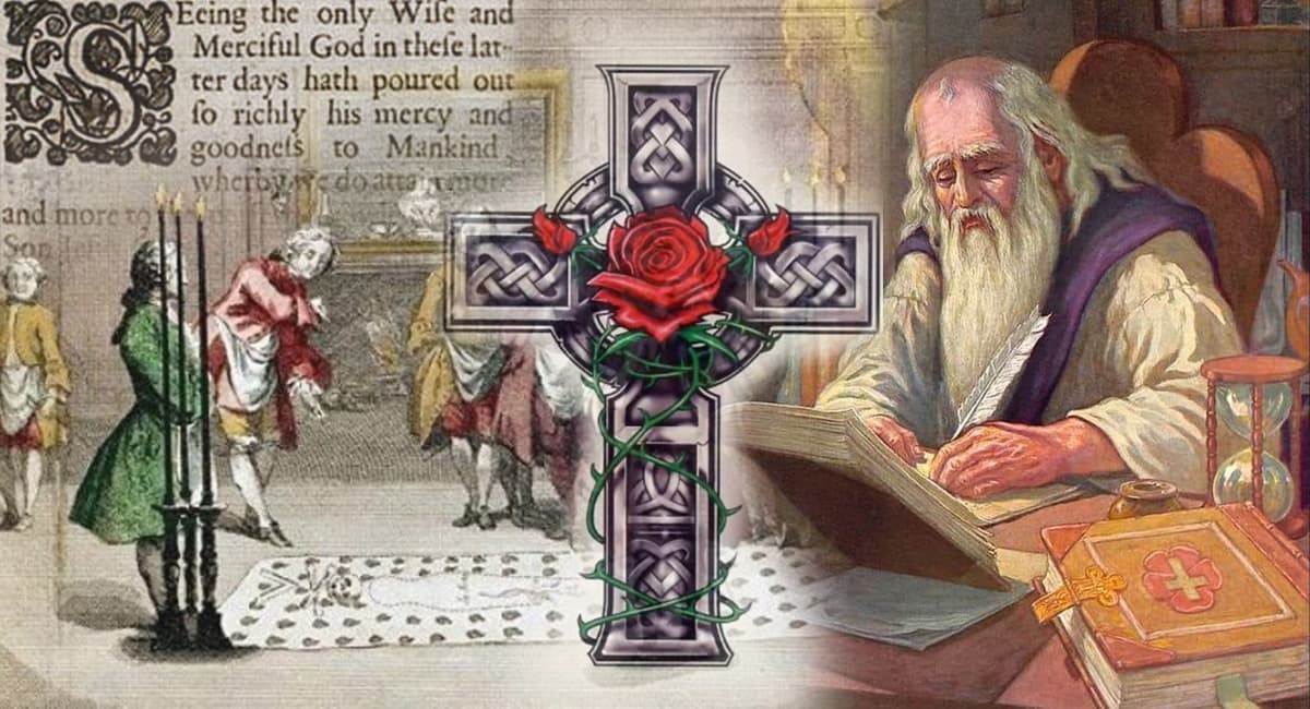 Символика ордена розенкрейцеров &mdash; крест и роза, гравюра XVII века