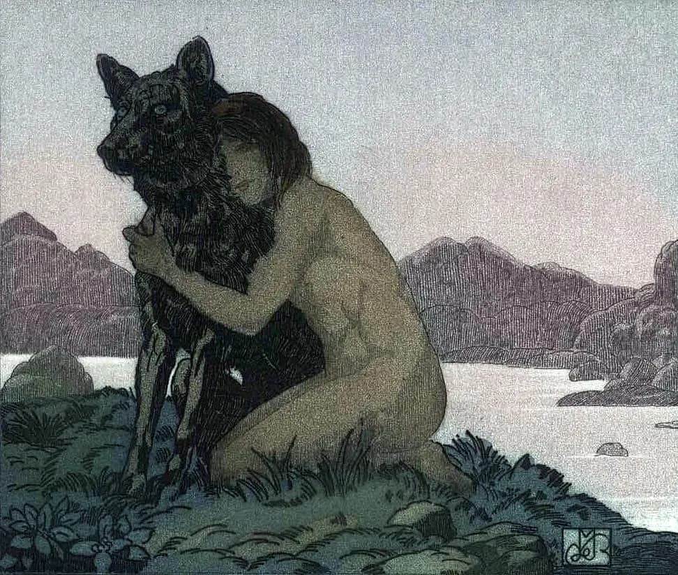 Маугли иллюстрация к книге джунглей Киплинга художник Морис де Бек