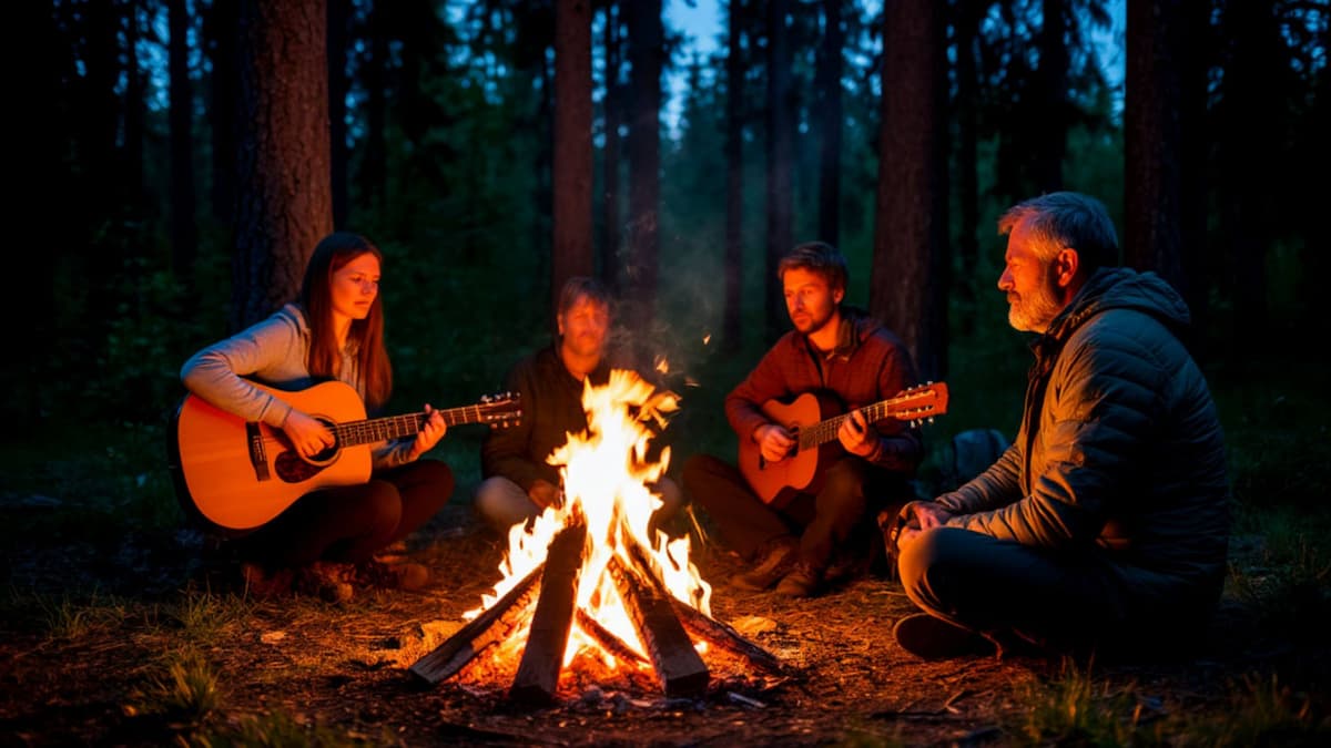 барды у костра с гитарами