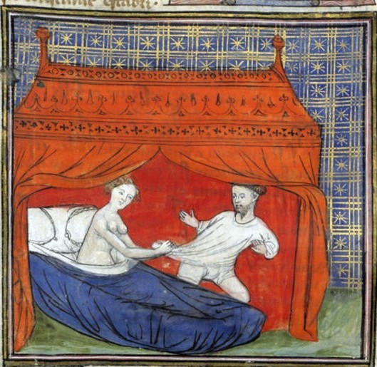 Средневековая миниатюра обнаженная женщина удерживает убегающего мужчину