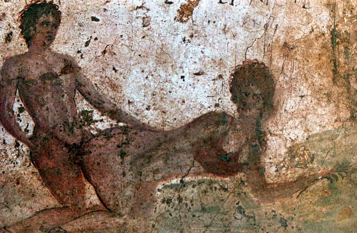 Фреска с любовной сценой из борделя в Помпеях красного цвета