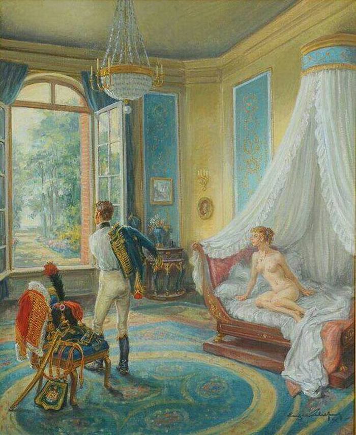 Обнажённая женщина в алькове и французский драгун надевающий форму литография XIX века