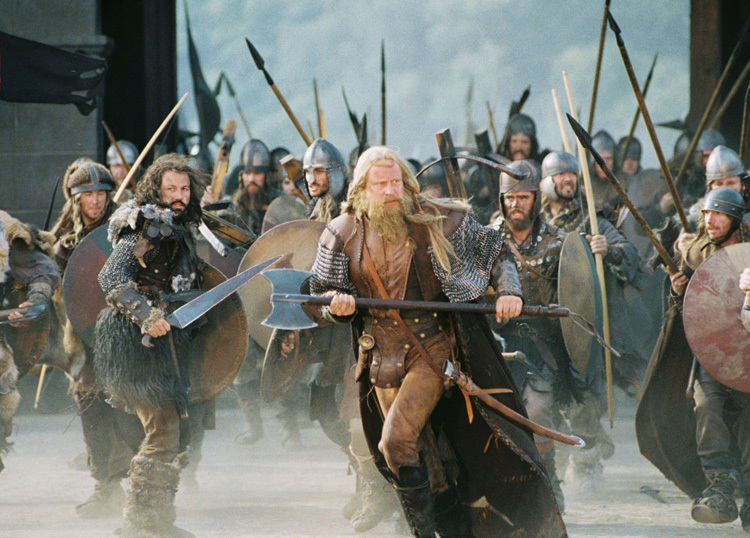 Олаф Харальдссон с боевым топором перед воинами