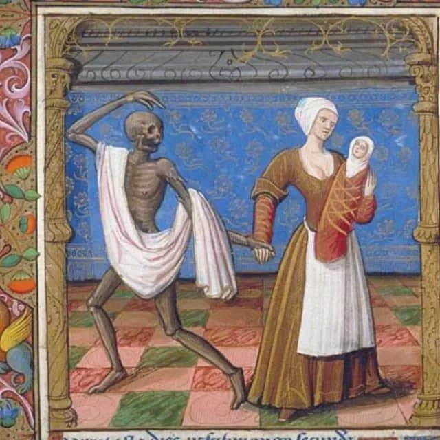 Средневековая миниатюра женщина с младенцем и образ смерти в виде скелета