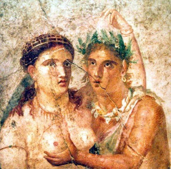 Фреска с любовной парой на ложе в интимной обстановке