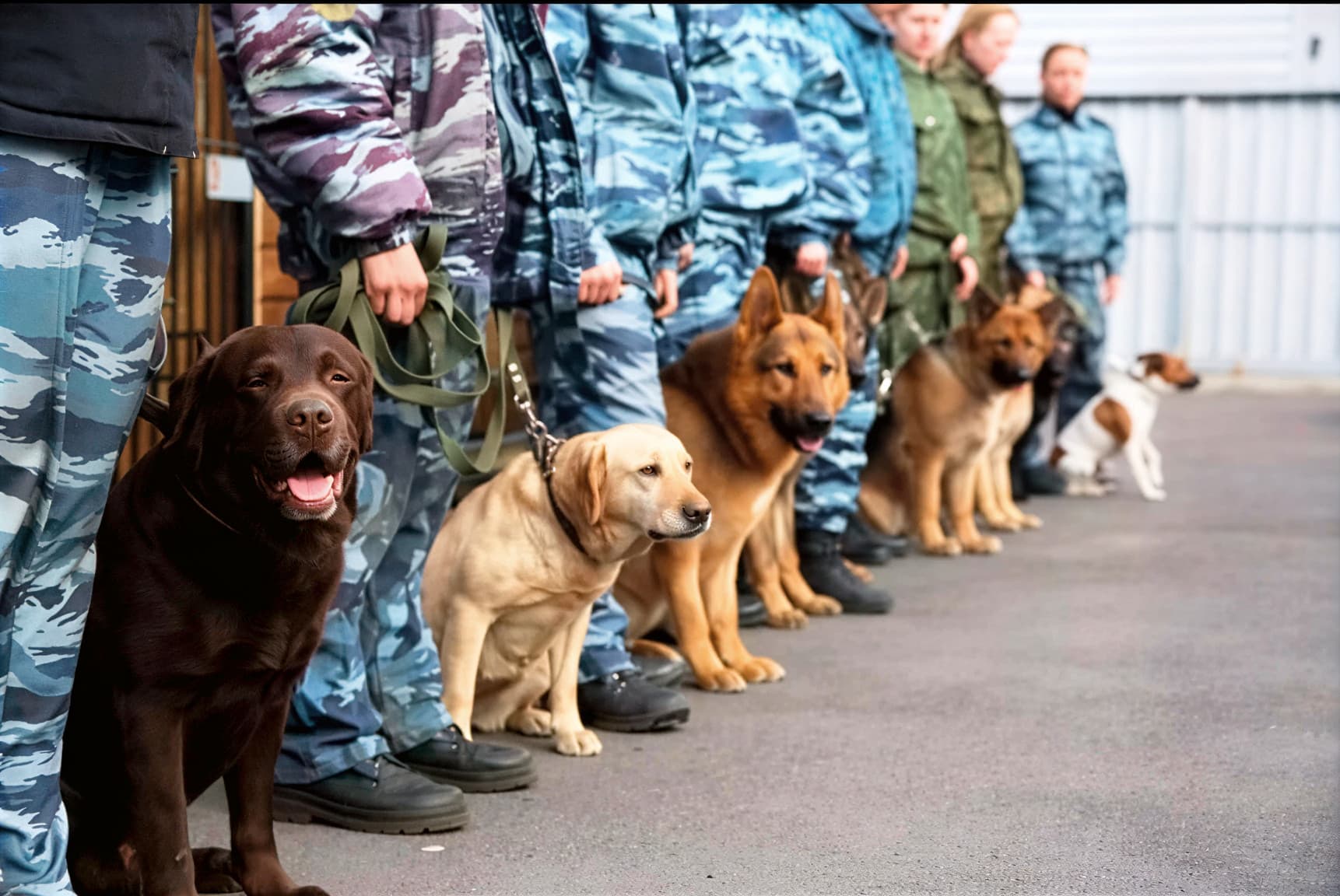 Служебные собаки разных пород немецкие овчарки лабрадоры спаниели с кинологами на построении