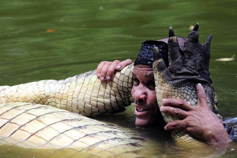 Чито держит лапы крокодила Почо возле своей головы в воде доверие между человеком и рептилией