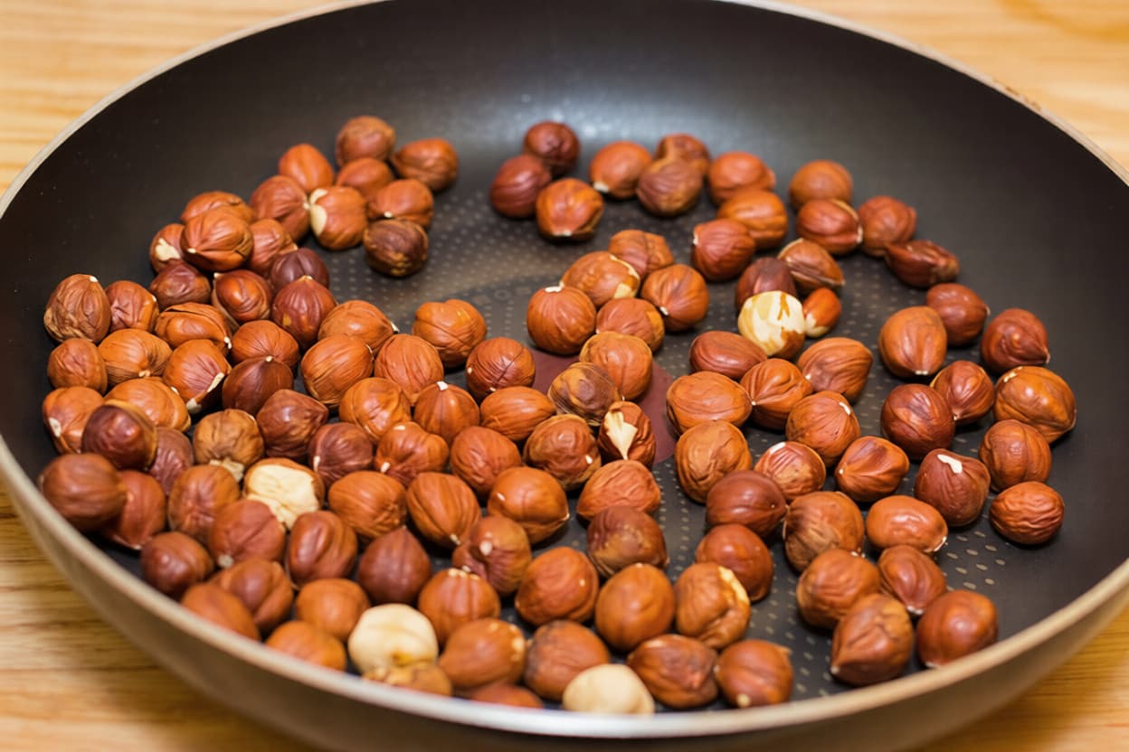 Обжаренный фундук на сковороде для приготовления шоколадной пасты