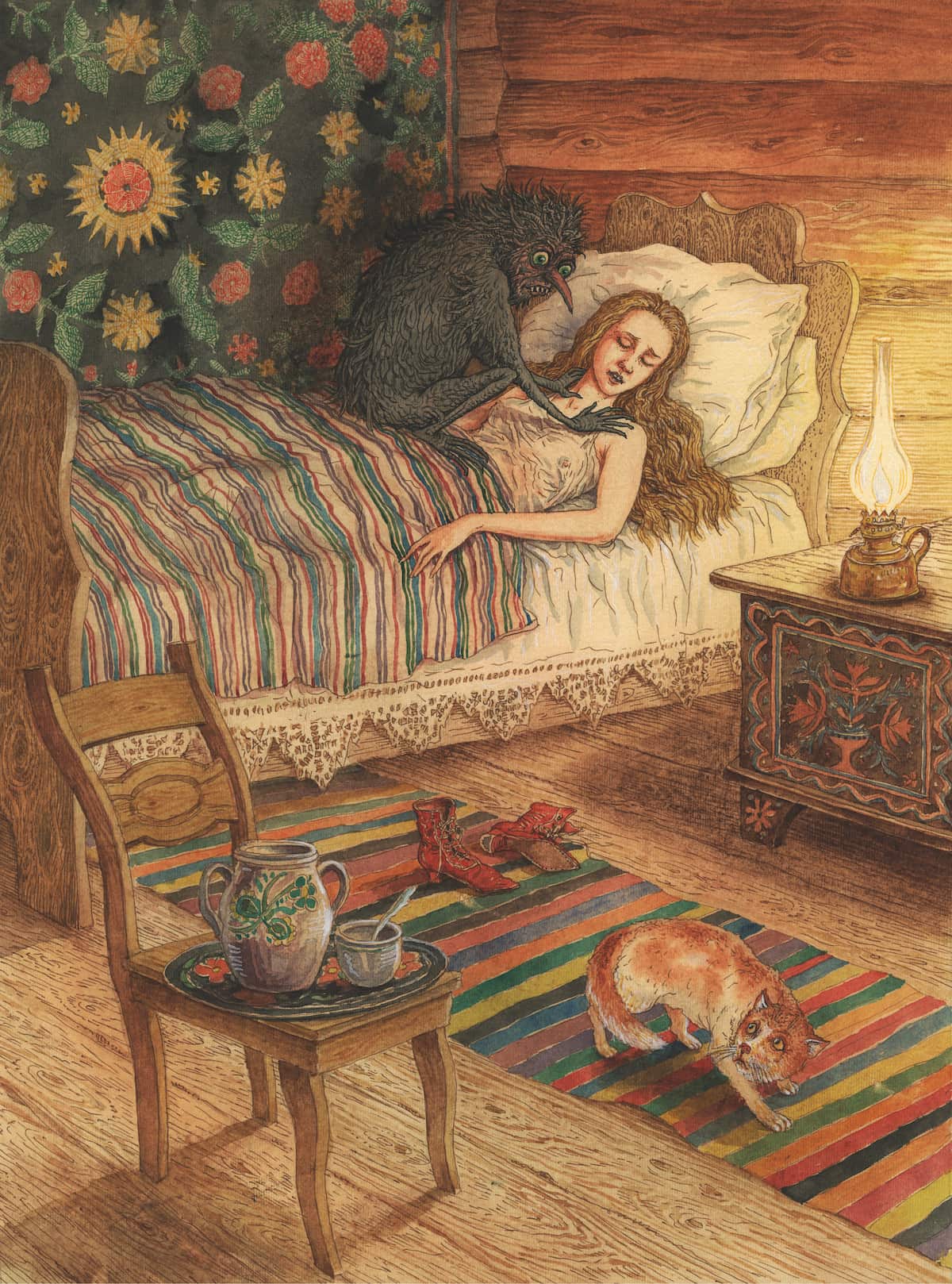 Рисунок - кикимора сидит на груди спящей девушки