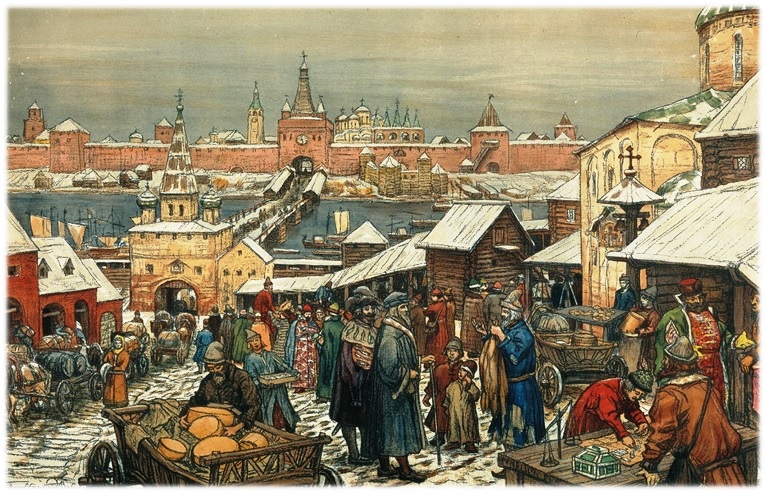 Панорама древнего Новгорода с деревянными теремами