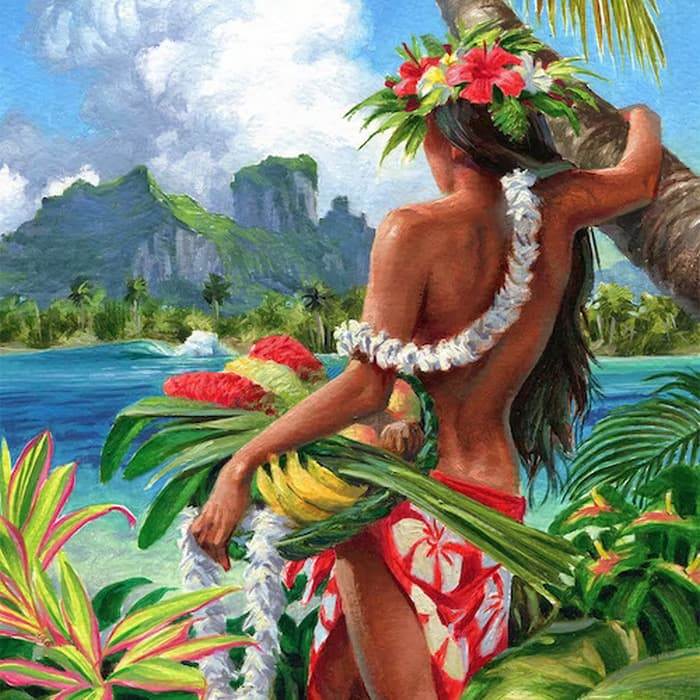 Картина: островитянка с цветами и фруктами смотрит на море