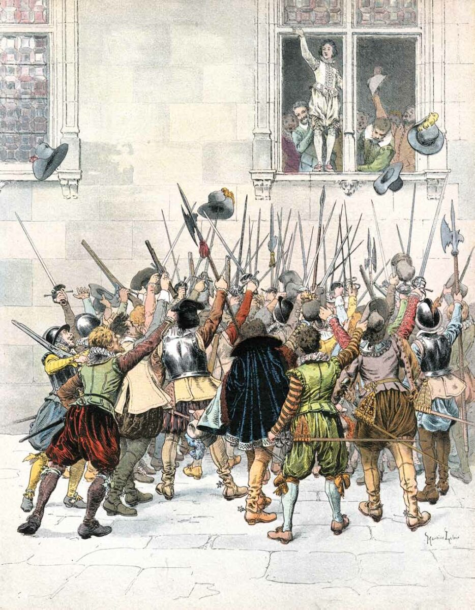 Ликующая толпа под окнами, иллюстрация Мориса Лелуара