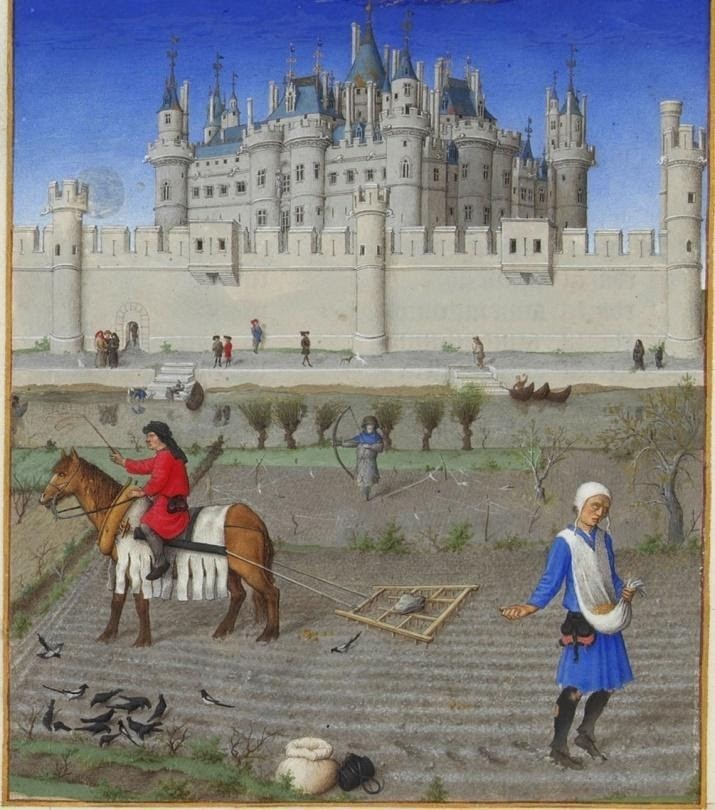 Крестьяне работают в поле средневековая миниатюра из часослова