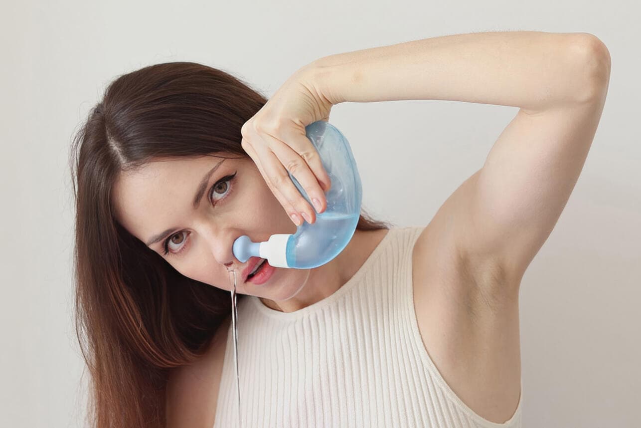 Девушка промывает нос солевым раствором