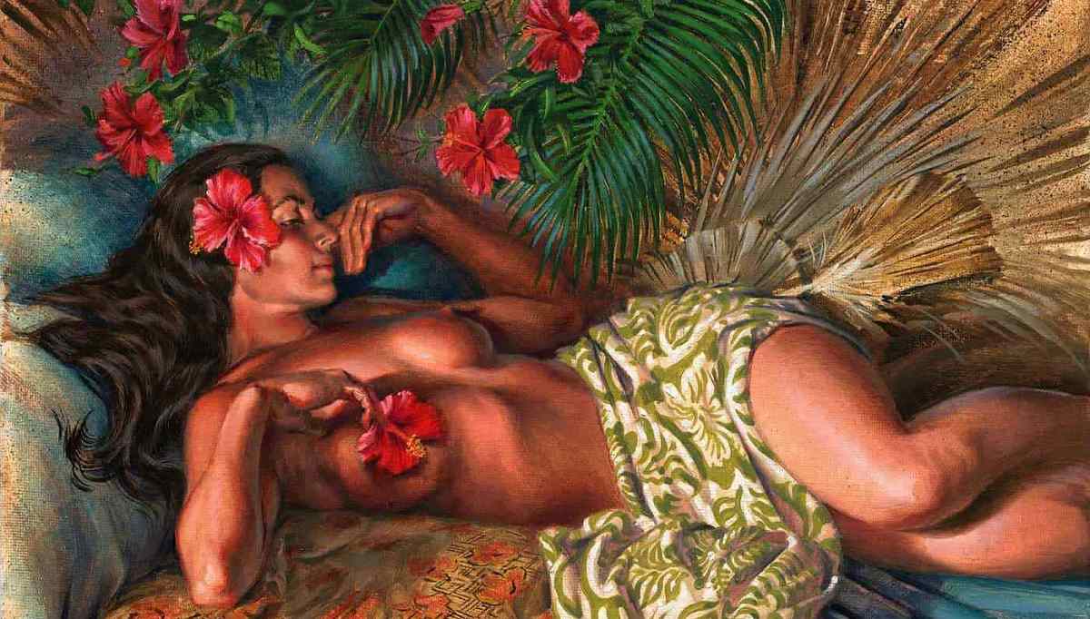 Таитянский берег, европейский парусный корабль XVIII века на горизонте