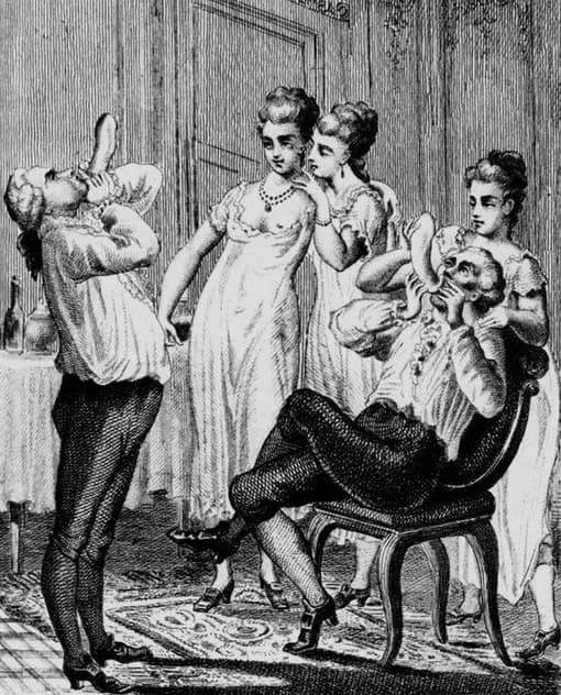 Старинная гравюра мужчины надувают презервативы XVIII век