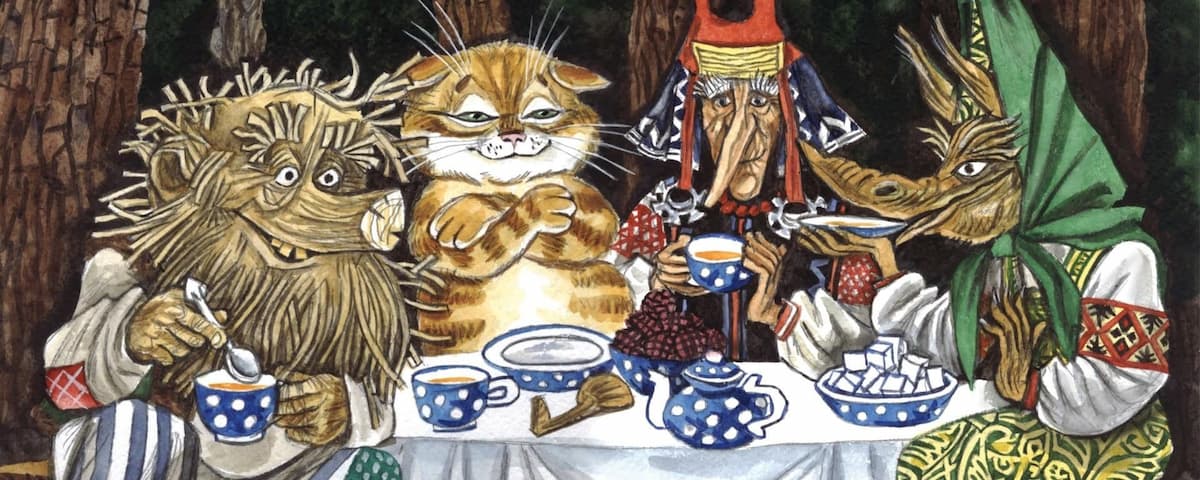 рисунок - разная нечисть пьет чай с котом