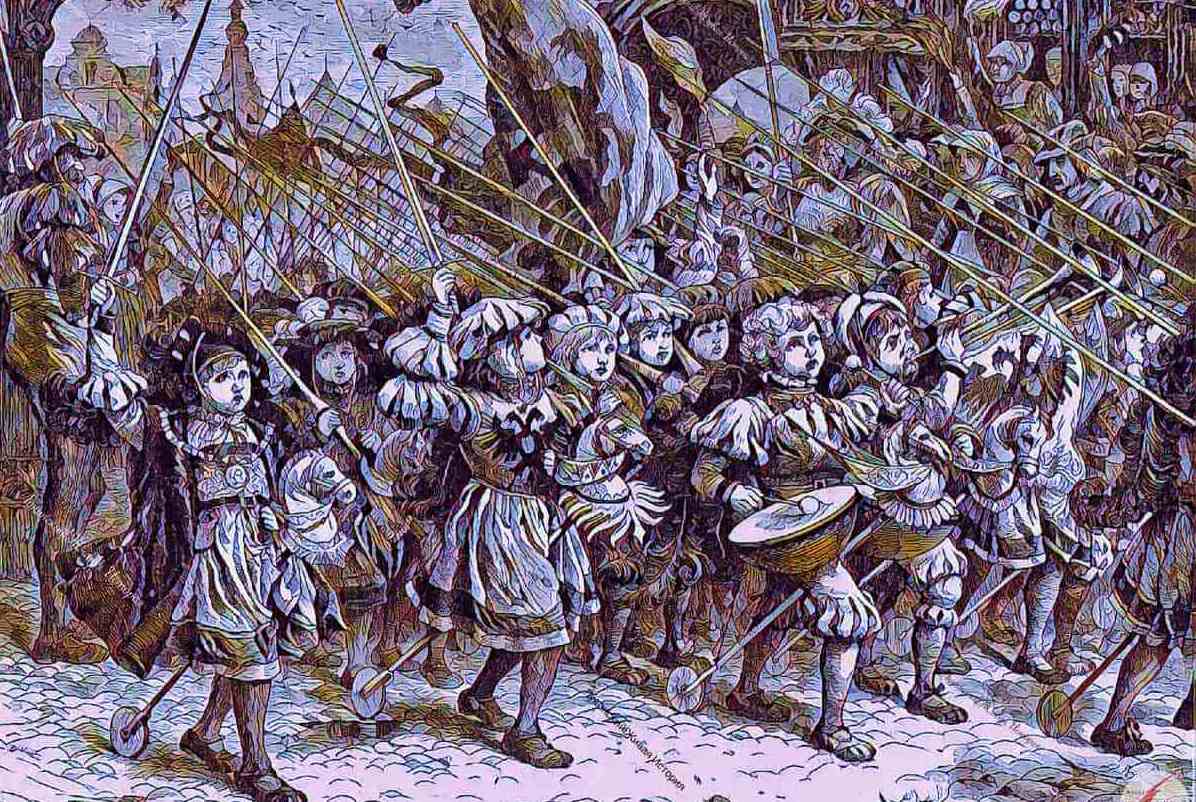 Выход детей-крестоносцев из Кёльна &mdash; средневековая гравюра, толпа детей с крестами