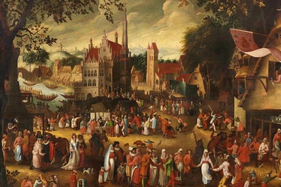 Картина Питера Брейгеля средневековый город с толпами людей на улицах