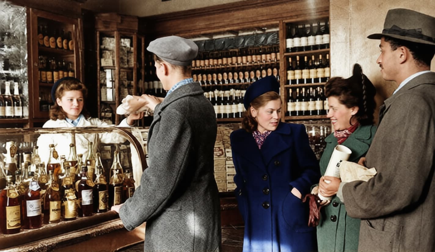 Советский винный магазин 1950-е годы Колоризированое фото
