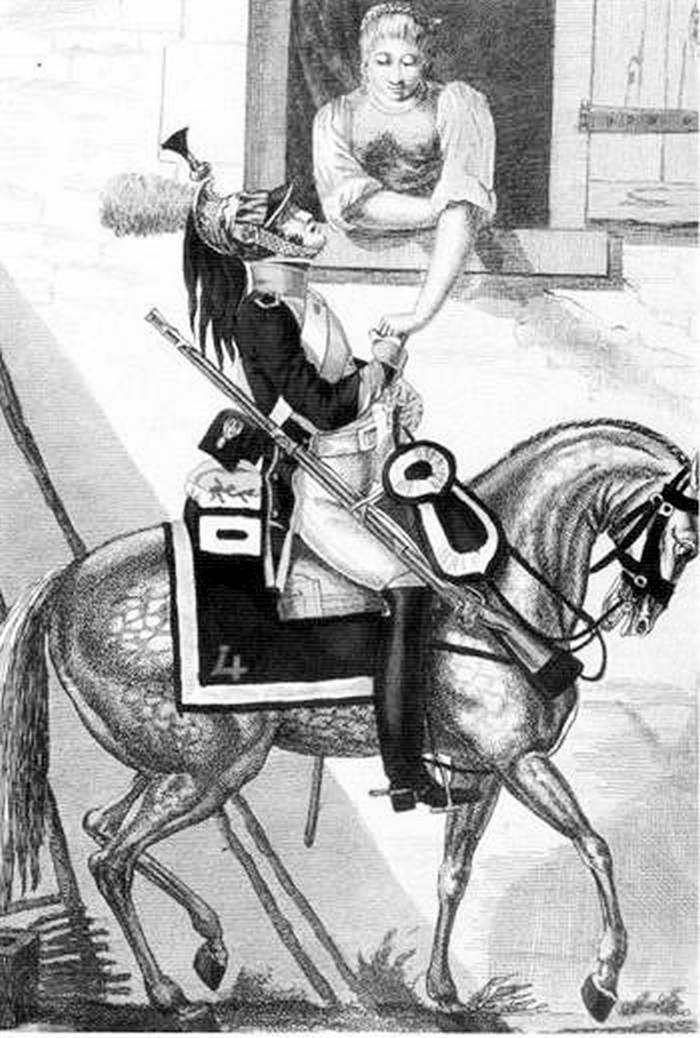 Французский драгун наполеоновской армии с дамой рисунок 1813 года
