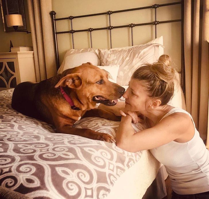 Девушка нежно обнимает лабрадора на кровати, оба улыбаются