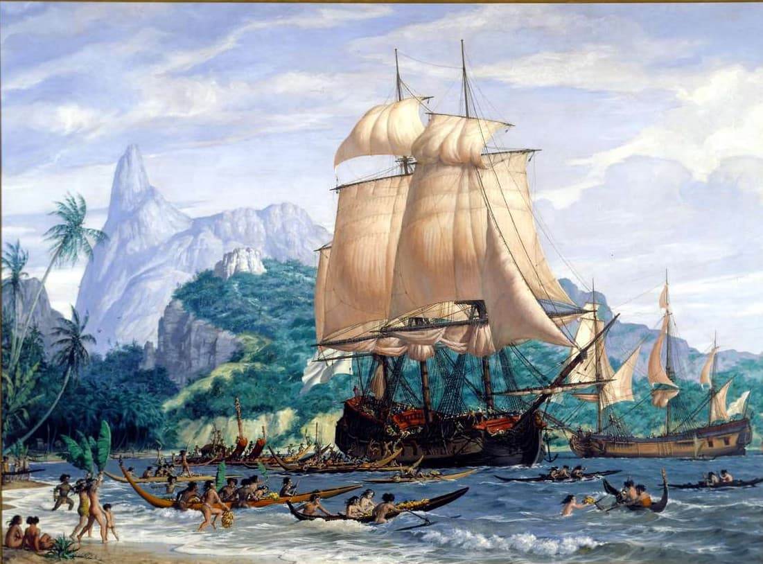 Корабль европейских исследователей XVIII века у берегов тихоокеанского острова