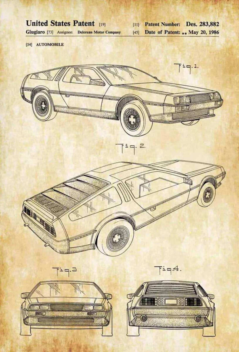 Патент на дизайн автомобиля DeLorean DMC-12 технический чертёж 1977