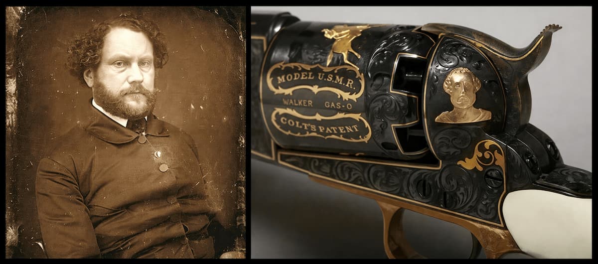 Коллаж: портрет Кольта и фото его первого серийного револьвера