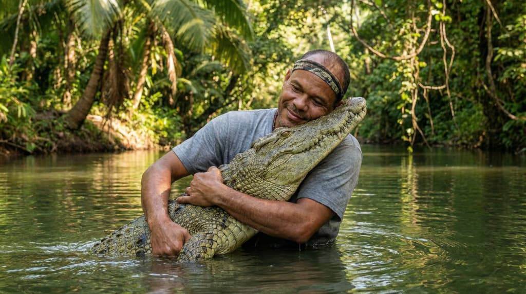 Чито обнимает голову крокодила Почо в воде невероятная дружба опасного хищника и человека