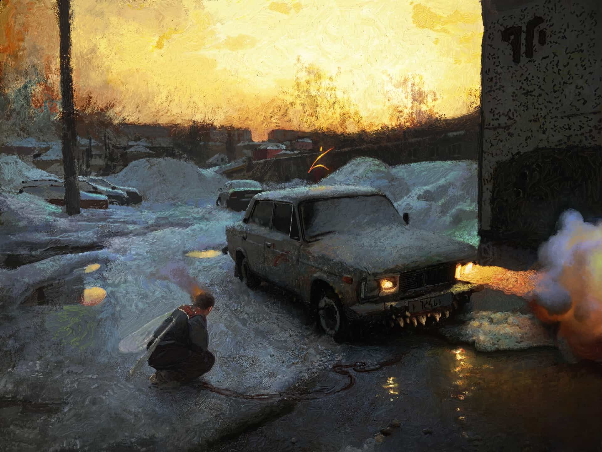 Сумеречный пейзаж с панельными домами в холодных тонах