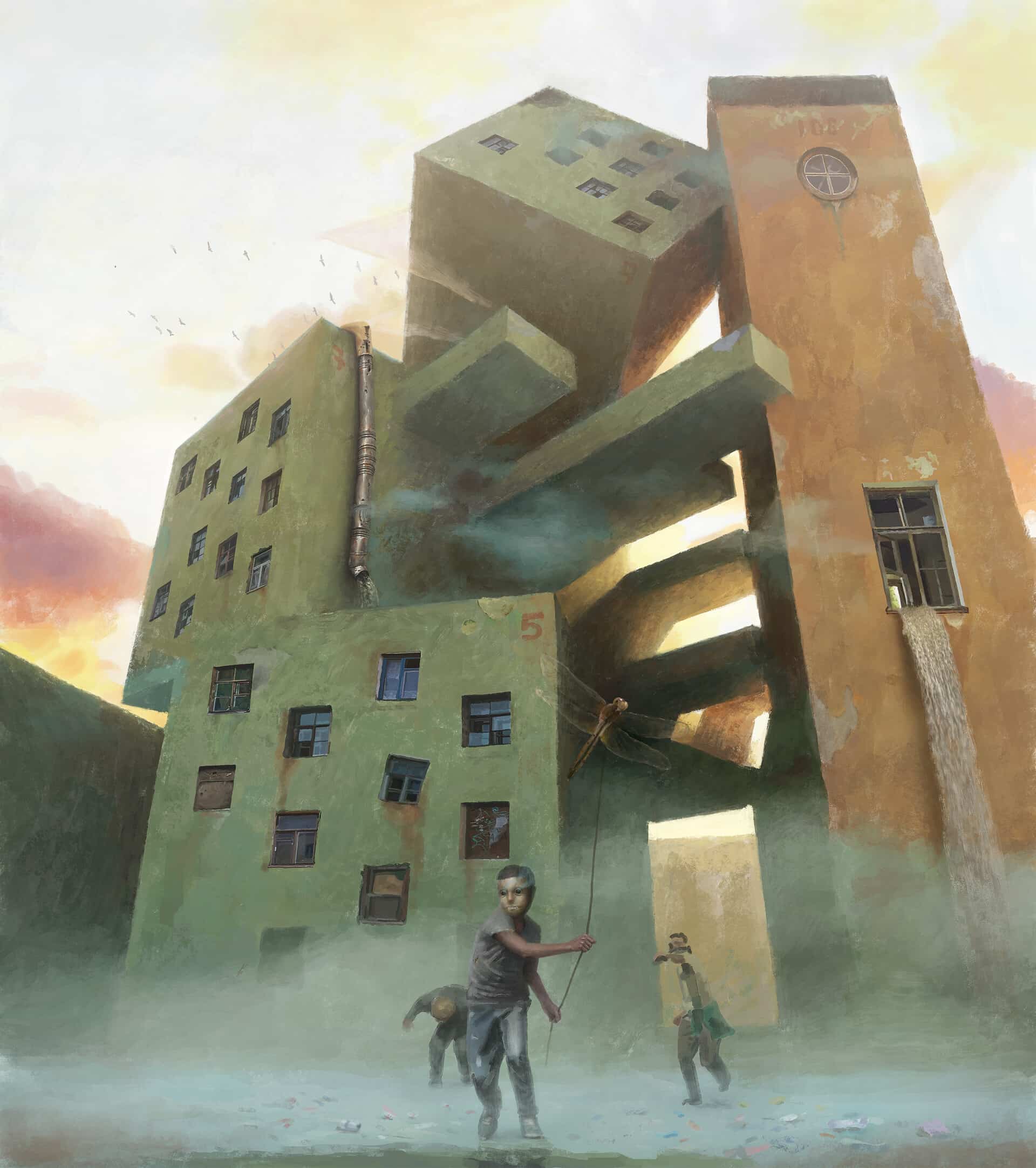 Сюрреалистический пейзаж с панельными домами в искажённом пространстве