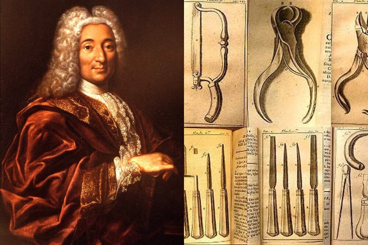 Портрет Пьера Фошара с набором стоматологических инструментов XVIII века