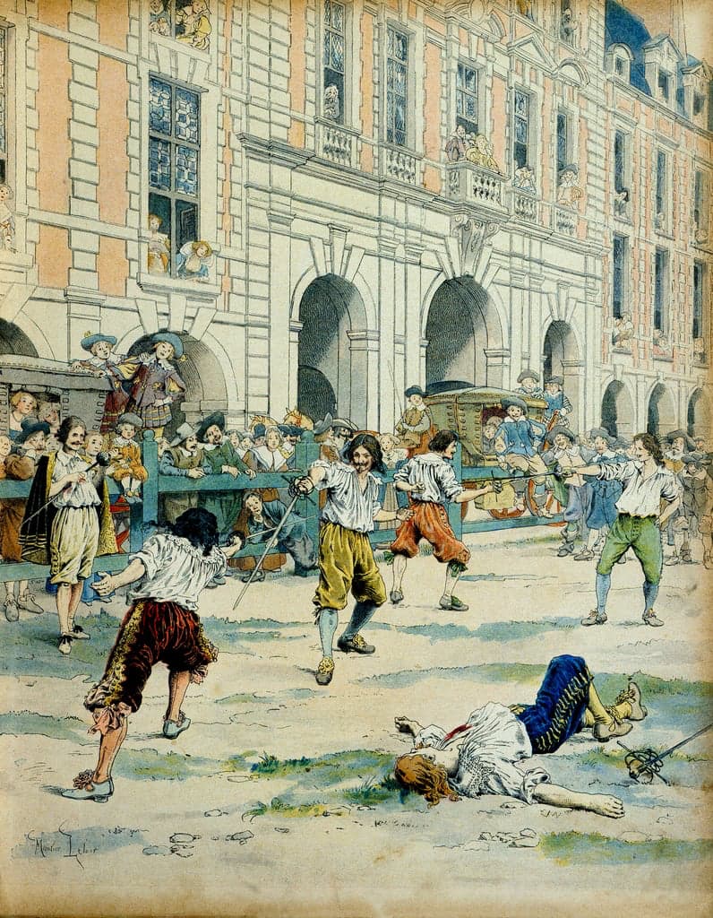 Дуэль на Королевской площади в Париже под окнами резиденции кардинала Ришелье картина Мориса Лелуара