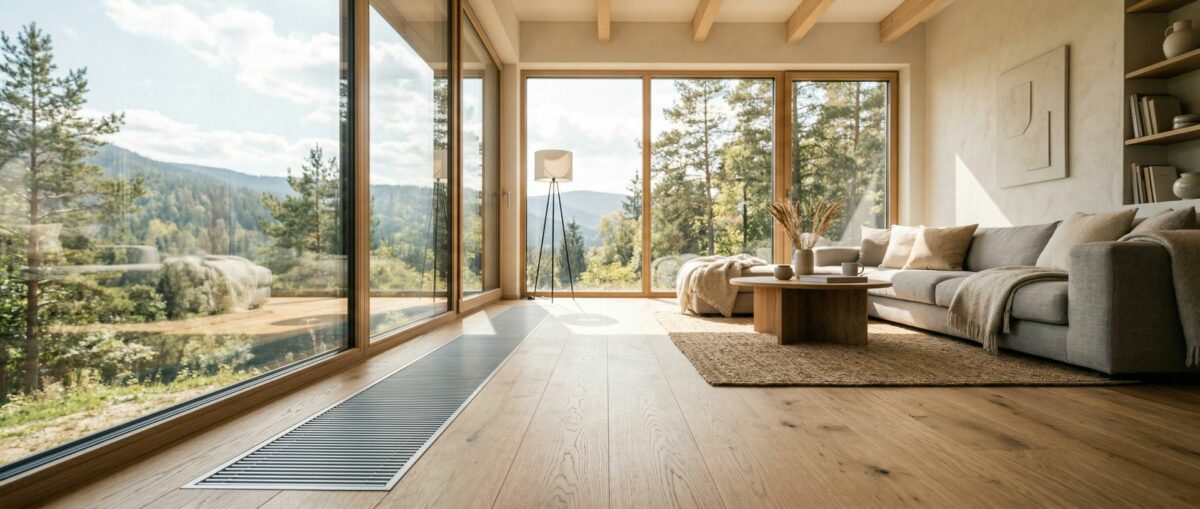 Внутрипольный конвектор создаёт тепловую завесу у панорамного окна