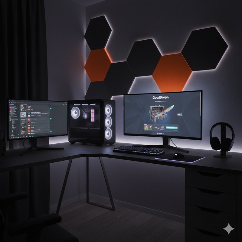 Игровое место с монитором, на котором открыт сайт GoodDrop с кейсами CS2