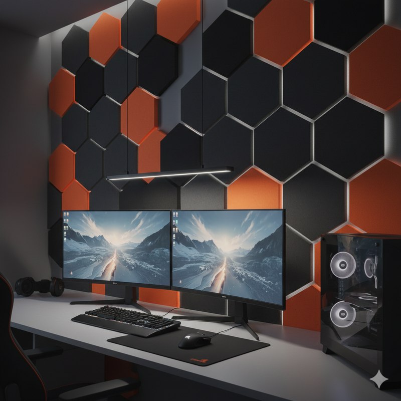 Стильные акустические панели-гексагоны с подсветкой в интерьере игровой комнаты