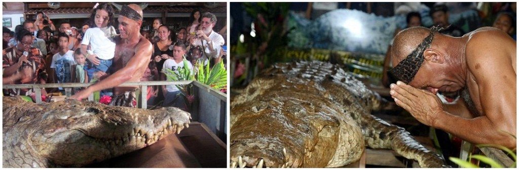 Чито держит чучело крокодила Почо в музее Сикиррес память об уникальной дружбе